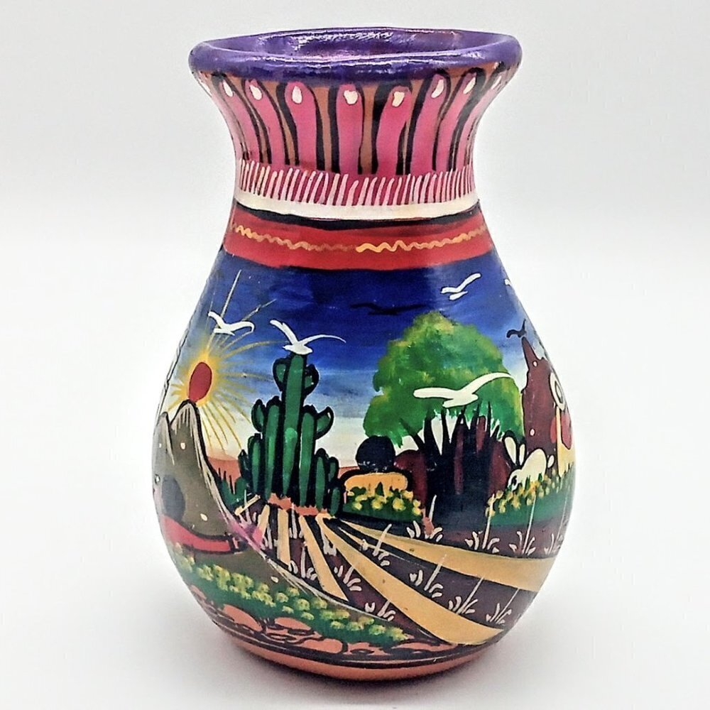 Multicolor Hand-Painted Mexican Red Clay Vase